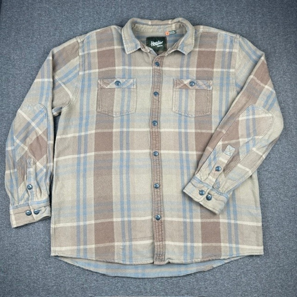 Howler Bros Mens XL Flannel Shirt Tan Blue Plaid Cotton Button Down Elbow Patch